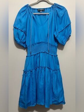 Karl Lagerfeld Paris Blue Tiered Dress Linen Blend Above Knee Size 6 Boho